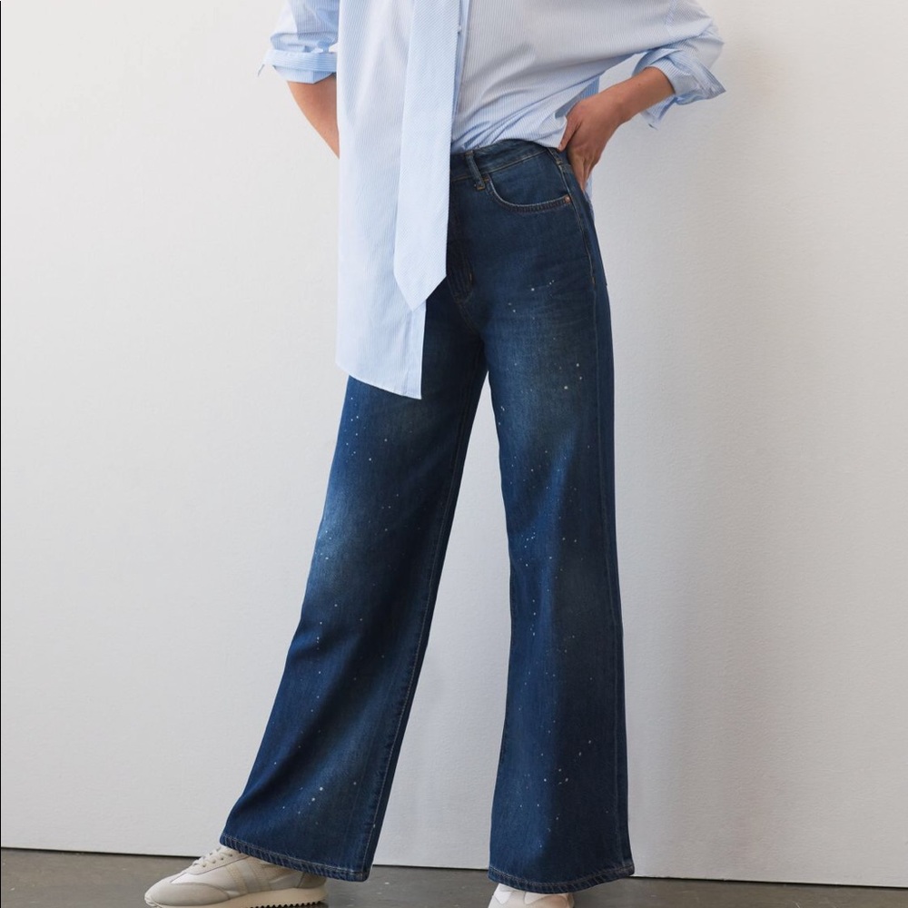 Anthropologie Pilcro The Annie Wide Leg Blue Denim Paint Blot Jeans 24P 00P